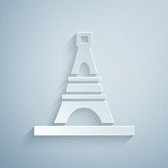 Sticker - Paper cut Eiffel tower icon isolated on grey background. France Paris landmark symbol. Paper art style. Vector