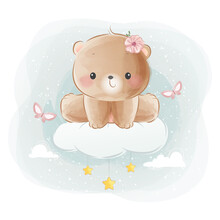 Cute Little Bear Sitting On Cloud
