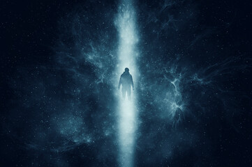 Wall Mural - A mystical concept. Of a mysterious man silhouetted against a light beam and the universe.