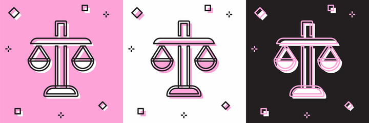 Sticker - Set Scales of justice icon isolated on pink and white, black background. Court of law symbol. Balance scale sign. Vector