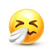 Sneezing emoji. Allergy emoticon with a handkerchief, sneeze 3D stylized vector icon