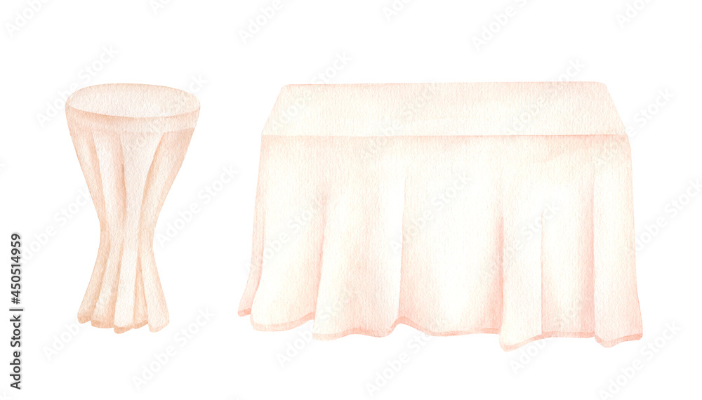 Watercolor clothed tables illustration. Hand drawn simple wedding table ...