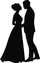The Bride And Groom Are Standing Side By Side, Black And White Silhouettes