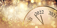 Clock Counting Last Moments To New 2022 Year And Beautiful Fireworks On Background, Banner Design