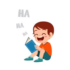 clue little boy read funny book story and laugh so hard