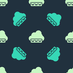 Green and beige Software, web development, programming concept icon isolated seamless pattern on blue background. Programming language and program code on screen laptop. Vector