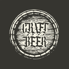 Wall Mural - vector banner or label for craft beer in the form of a wooden barrel lid with a decorative inscripti