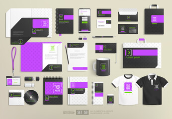 Wall Mural - Realistic office stationary items with modern branding identity mockup set. Black white and purple abstract graphics for corporate Identity Branding Mock-up set. Office objects presentation mockups