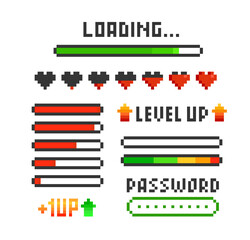 Poster - Pixel art 8 bit loading progress bar elements set with health scale hearts for retro video game design. Level up with health loading scale, password and energy. Arcade game elements