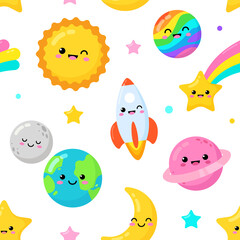 Wall Mural - Cartoon kawaii space objects icons of cute characters seamless pattern isolated on white. Cartoon with baby sun, Earth planet, fallen star, round moon and more. Vector children's illustration