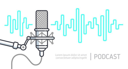 Radio podcast or recording studio microphone with audio wave design. Sound waveform vector illustration. Podcasting or broadcasting background