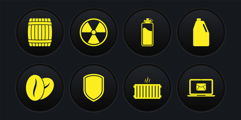 Sticker - Set Coffee beans, Household chemicals bottle, Shield, Heating radiator, Sport with water and Radioactive icon. Vector