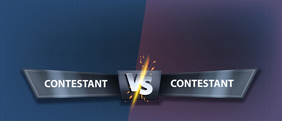 VS fight background, vector versus game battle banner, sport competition duel concept, team frame. Blue abstract championship contest screen, iron letter, energy fire clash. Versus symbol background