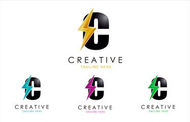 Letter C Lightning Bolt Logo Set Concept. 3d Electrical Logo Design