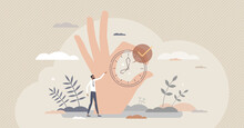 Right Timing With Accurate Time Planning Management Tiny Person Concept. Successful Countdown And Complete Task Symbol Vector Illustration. Accuracy Scene As Moment Capture With Clock And Check Mark.