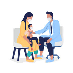 Wall Mural - Pediatrician listening to kid with stethoscope semi flat color vector characters. Full body people on white. Annual checkup isolated modern cartoon style illustration for graphic design and animation