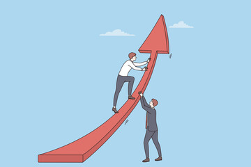 Wall Mural - Teamwork, development, collaboration in business concept. Two young businessmen in suits putting huge red arrow up as symbol of success and progress together vector illustration 