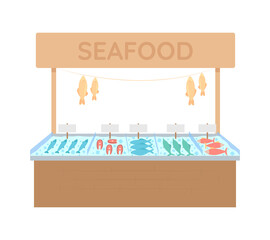 Poster - Seafood market stall semi flat color vector object. Full sized element on white. Marine products kiosk. Fish marketplace isolated modern cartoon style illustration for graphic design and animation