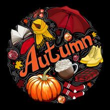 Vector Illustration Of Autumn On A Dark Background With Different Objects. Umbrella, Beret, Socks, Shoes, Book, Cocoa, Blanket, Pumpkin, Apples, Leaves, Scarf