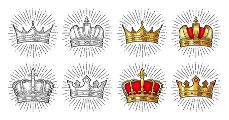 Wall Mural - Four different king crowns. Engraving vintage vector black illustration.