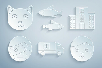 Sticker - Set Emergency car, Medical hospital building, Face with psoriasis or eczema, Man excessive sweating, Fish and Pet icon. Vector