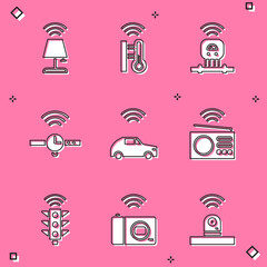 Sticker - Set Smart table lamp, thermometer, sensor, Smartwatch, car system with wireless, radio, traffic light and photo camera icon. Vector