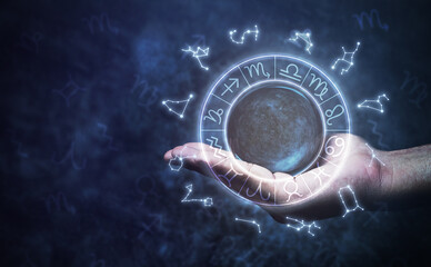 concept of astrological zodiac signs inside of horoscope circle crystal ball with human hand background. astrology, constellation, prediction             