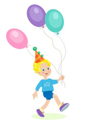 Canvas Print - Happy boy runs with colorful balloons in his hands. In cartoon style. Isolated on white background. Vector flat illustration.