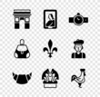 © vector_v - Set Triumphal Arch, Portrait in museum, Wrist watch, Croissant, Gargoyle on pedestal, French rooster, Handbag and Fleur De Lys icon. Vector
