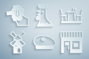 Sticker - Set French beret, cafe, Windmill, Coffee shop, rooster and Poodle dog icon. Vector