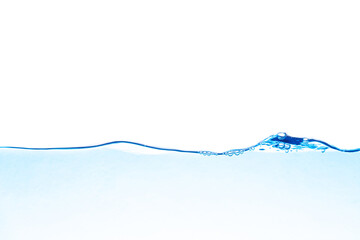 Wall Mural - A photograph of a moving water wave with a small amount of bubbles.  Where the water is blue and the backdrop is white