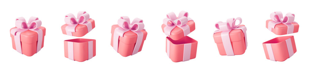 3d red gift boxes open and closed set with pastel pink ribbon bow isolated on a white background. 3d