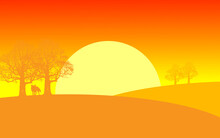 Spooky Halloween Illustration Of Orange Sunset With Trees And Coyote