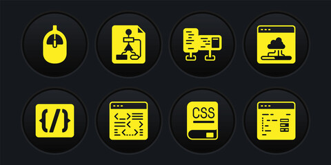 Set Programming language syntax, Cloud technology data transfer, Software, Books about programming, Computer monitor screen, Flowchart, and mouse icon. Vector