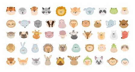 Vector collection of cute cartoon animal faces. Characters for children's books, cards, stickers, prints. Illustrations for kids.