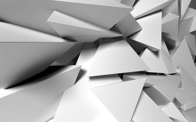 Poster - Abstract background with white 3D shapes flying in the light as a messy array or chaotic structure for any pastel backdrop. 3D illustration.