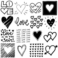 Aufkleber - Hand drawn graphic decorative love elements. Bullet journal web visual infographic heart shapes and love quotes monochrome isolated vector object set.