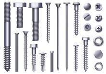 Realistic Metal Bolts, Steel Nuts, Rivets And Screws. Stainless Construction Hardware Top And Side View. Chrome Bolt And Pin Head Vector Set