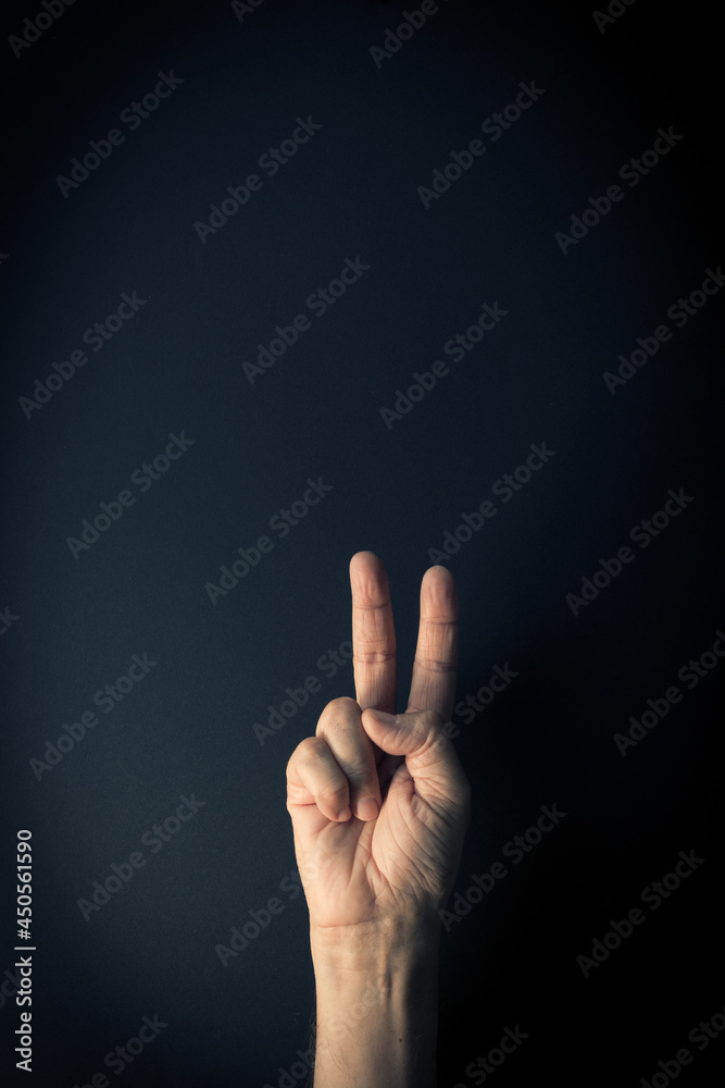 Colour image of hand demonstrating sign language number two against ...
