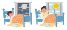 Cartoon Kid Boy Sleep At Night, Wake Up At Morning. Child In Bed And Window With Moon Or Sun. Sweet Dreams And Healthy Sleep Vector Concept