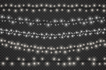 Leinwandbilder - Realistic light garlands with led bulbs for festive christmas decoration. White glowing xmas or happy new year string with lamps vector set