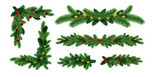 Realistic Christmas Tree Garlands Borders And Frame Corners. Winter Holiday Decoration With Fir Branch, Holly Leaf And Pine Cones Vector Set