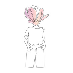 Poster - One continuous line Drawing of Abstract woman silhouette with flower. Modern female portrait with magnolia head in linear style Vector Botanical print