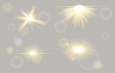 Set of shining spotlights on transparent background. Glowing light effect with gold rays and beams. Flat cartoon vector illustration