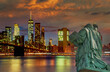 Panorama view of Statue of Liberty with Manhattan downtown skyscraper in lower Manhattan, New York City, USA