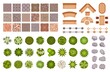 © Tartila - City park landscape design map elements top view. Garden trees and plant, benches, road path tile and rocks from above. Park plan vector set