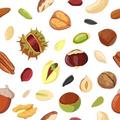 Wall Mural - Cartoon dry nut and seed mix seamless pattern. Print with peanut, walnut, hazelnut, pecan and pistachio. Organic vegan snack vector texture