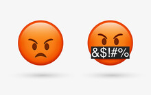 3d Red Angry Emoji Face, Emoticon Face With Symbols Over Mouth, Serious Face With Symbols Covering Mouth, Red Mad, Grumpy, Angry Emotion, Swearing, Grawlix, Cussing, Cursing Character	