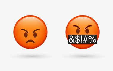 3d red angry emoji face, emoticon face with symbols over mouth, serious face with symbols covering m