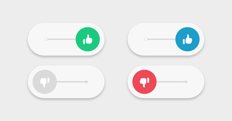 Poster - On and Off toggle switch buttons with like icon, dislike symbol - yes and no icons with blue thumbs up, red thumbs down and blue like button